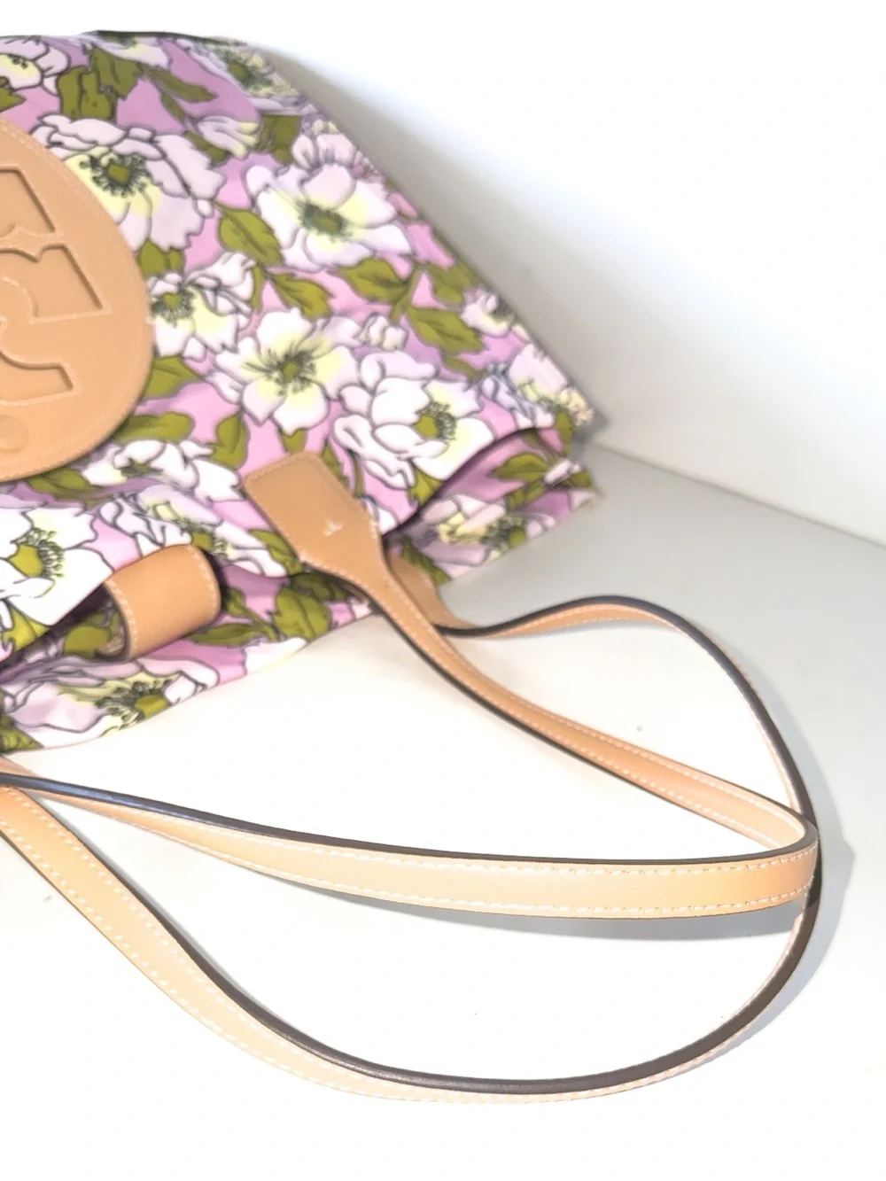 Tory Burch Ella Pink Floral Print Tote with Tan Leather Logo Laptop Sleeve